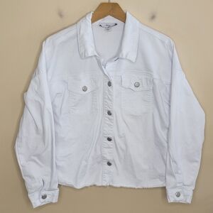 MB | Boutique Brand Button Front White Denim Jacket Raw Hem Side Lace-Up Detail